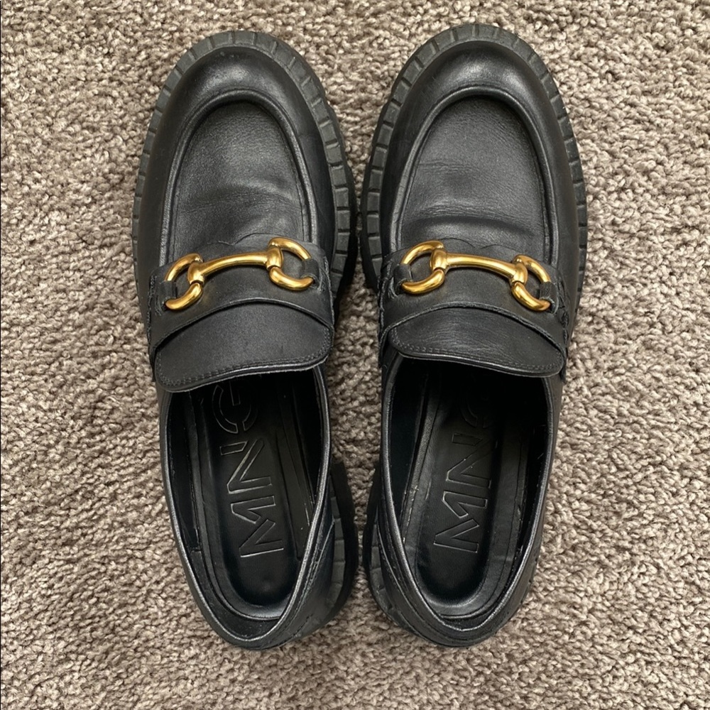 Mango Black and Gold Leather Slip-On Loafers